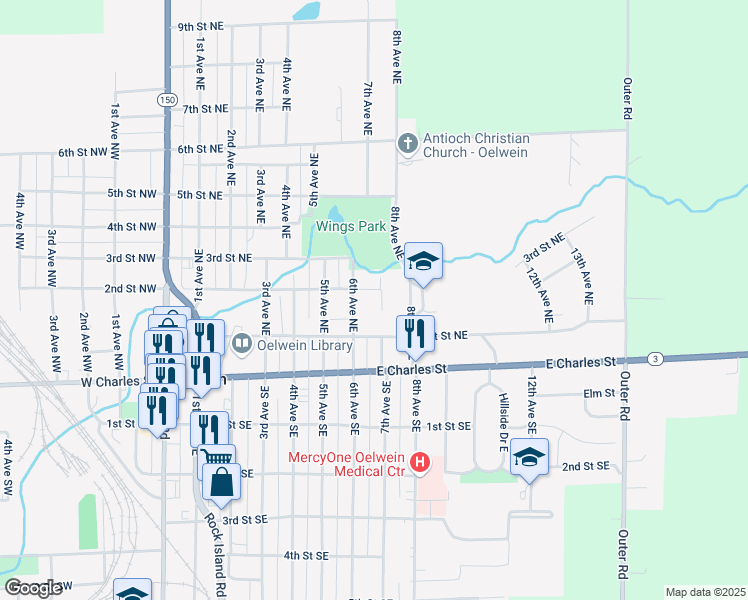 map of restaurants, bars, coffee shops, grocery stores, and more near 143-199 6th Ave NE in Oelwein