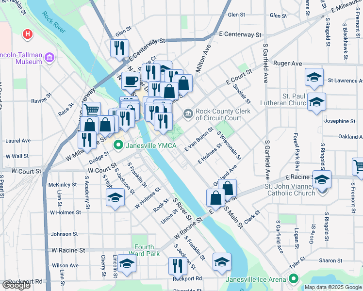 map of restaurants, bars, coffee shops, grocery stores, and more near in Janesville