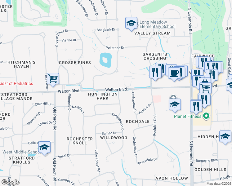 map of restaurants, bars, coffee shops, grocery stores, and more near 20 Sugar Pine Road in Rochester Hills