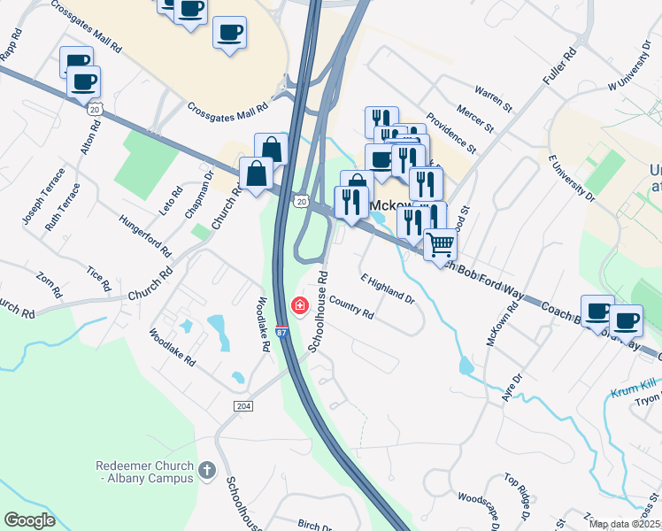 map of restaurants, bars, coffee shops, grocery stores, and more near 44 Schoolhouse Road in Albany