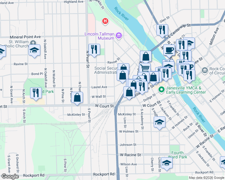 map of restaurants, bars, coffee shops, grocery stores, and more near 121 Madison Street in Janesville