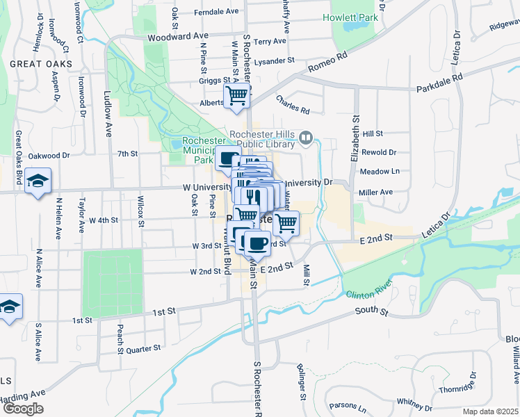 map of restaurants, bars, coffee shops, grocery stores, and more near 406 East Main Street Alley in Rochester
