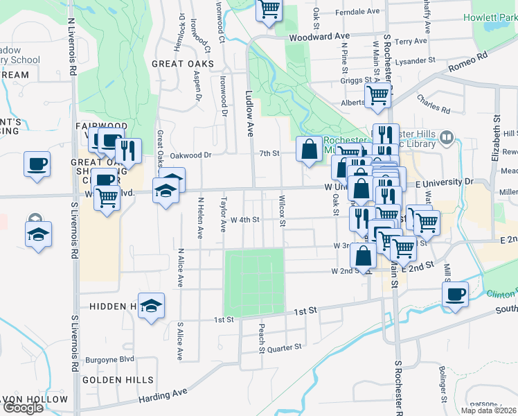 map of restaurants, bars, coffee shops, grocery stores, and more near 417 Wesley Street in Rochester