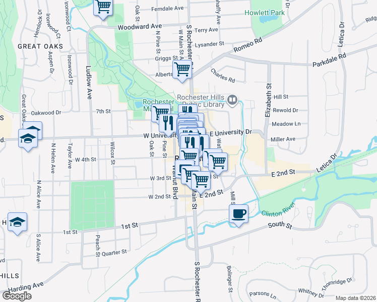 map of restaurants, bars, coffee shops, grocery stores, and more near in Rochester