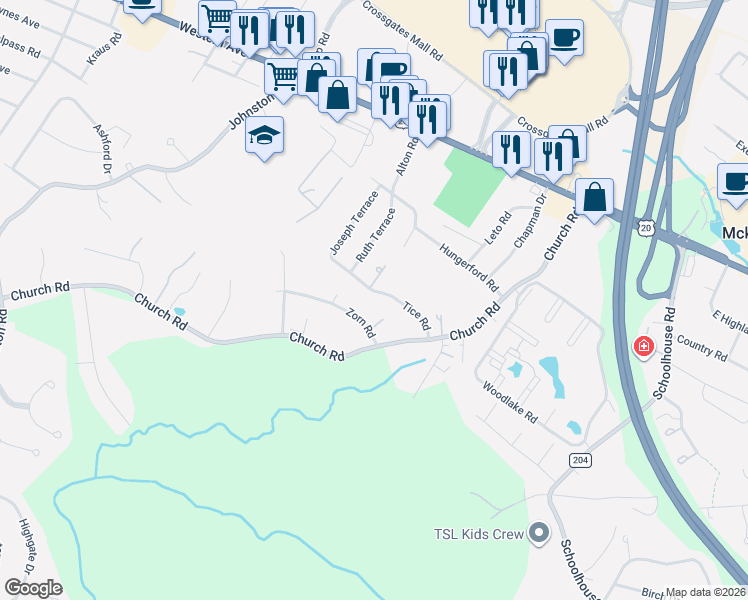 map of restaurants, bars, coffee shops, grocery stores, and more near 6403 Zorn Road in Albany