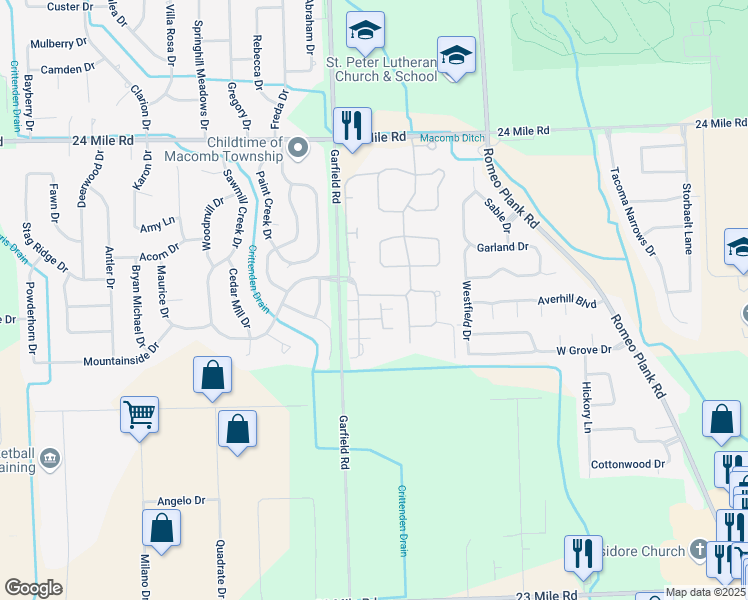 map of restaurants, bars, coffee shops, grocery stores, and more near 52324 Stoneridge in Macomb