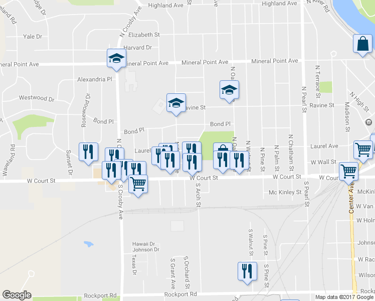 map of restaurants, bars, coffee shops, grocery stores, and more near 2017 Laurel Avenue in Janesville