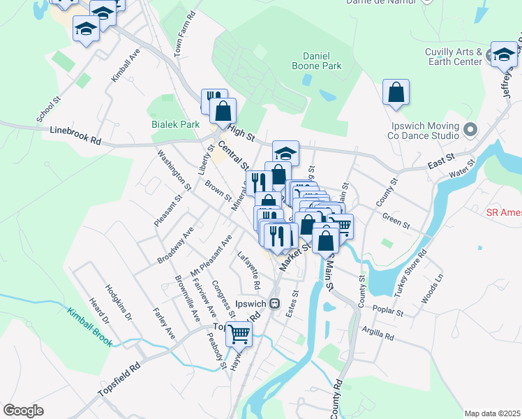 map of restaurants, bars, coffee shops, grocery stores, and more near 9 Mineral Street in Ipswich