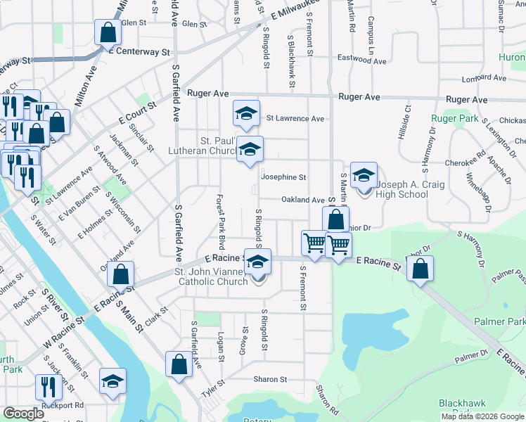 map of restaurants, bars, coffee shops, grocery stores, and more near 417 South Ringold Street in Janesville