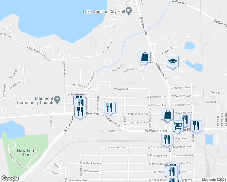 map of restaurants, bars, coffee shops, grocery stores, and more near 213 Warwick Drive in Pontiac