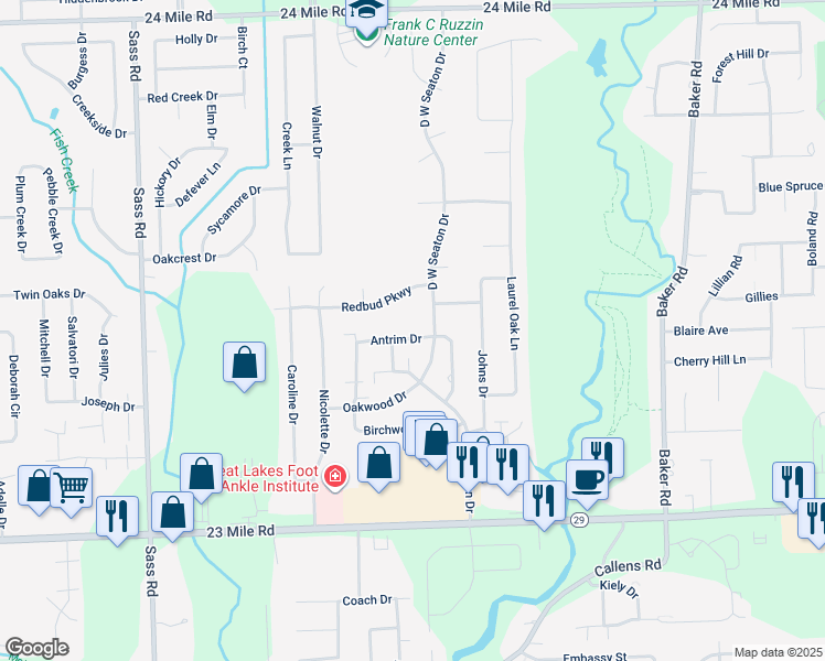map of restaurants, bars, coffee shops, grocery stores, and more near 4 North Park Drive in Chesterfield