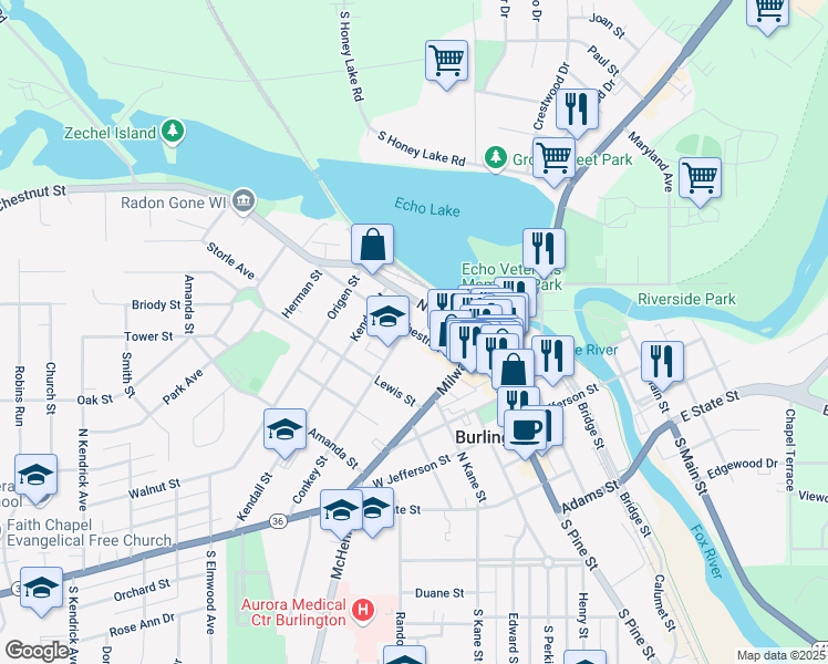 map of restaurants, bars, coffee shops, grocery stores, and more near 197 West Chestnut Street in Burlington