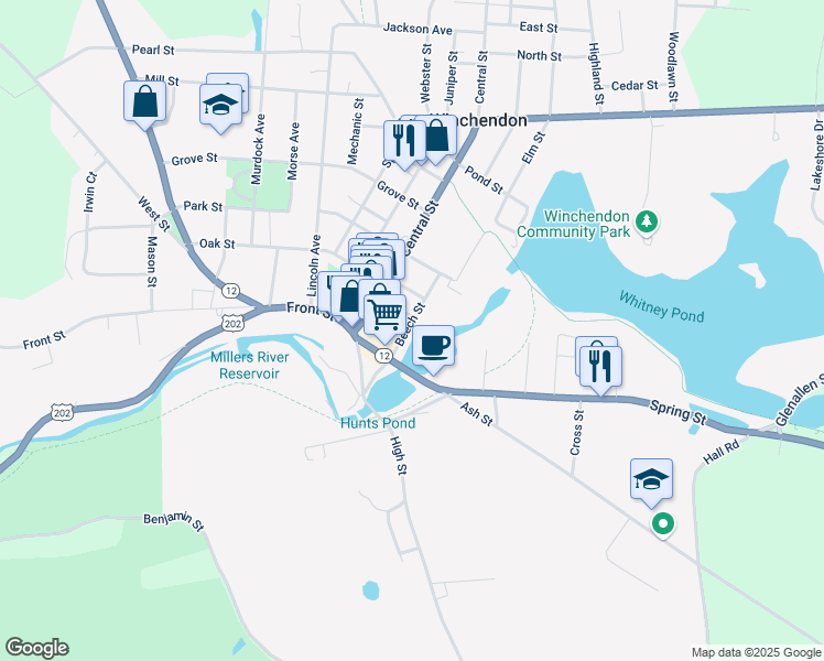 map of restaurants, bars, coffee shops, grocery stores, and more near 29 Beech Street in Winchendon