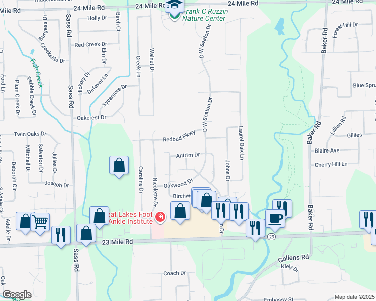 map of restaurants, bars, coffee shops, grocery stores, and more near 4 North Park Drive in Chesterfield