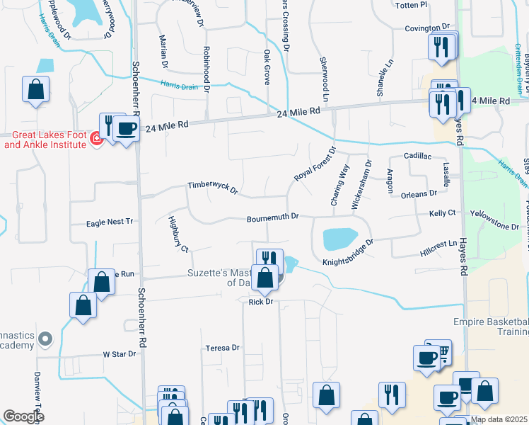 map of restaurants, bars, coffee shops, grocery stores, and more near 14133 Bournemuth Drive in Macomb County