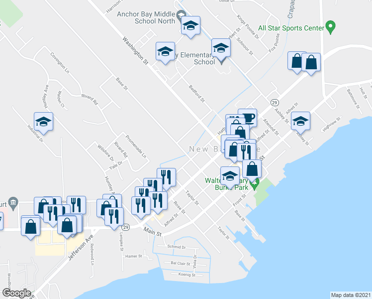 map of restaurants, bars, coffee shops, grocery stores, and more near 51344 Base Street in New Baltimore