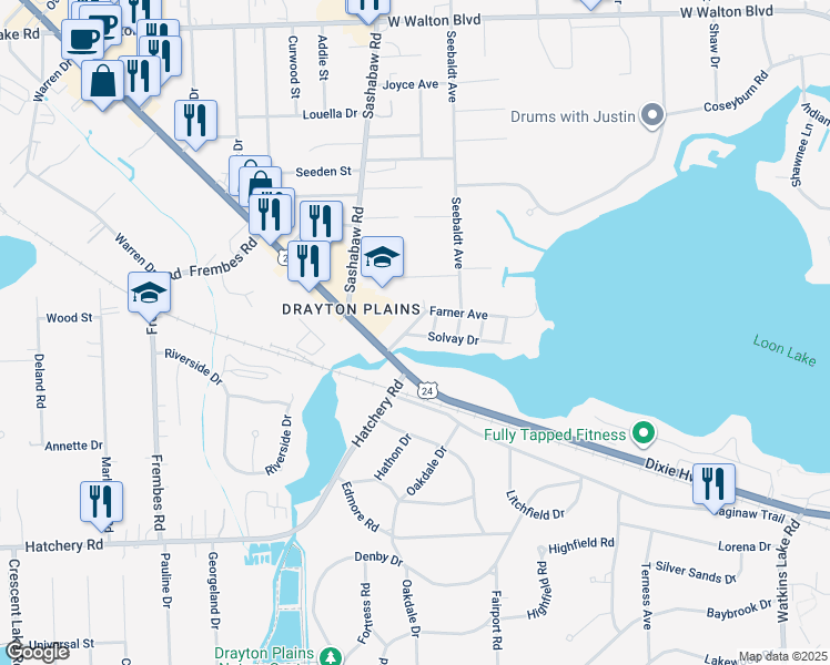 map of restaurants, bars, coffee shops, grocery stores, and more near 4195 Solvay Drive in Waterford Township