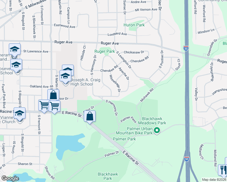 map of restaurants, bars, coffee shops, grocery stores, and more near 434 Winnebago Drive in Janesville