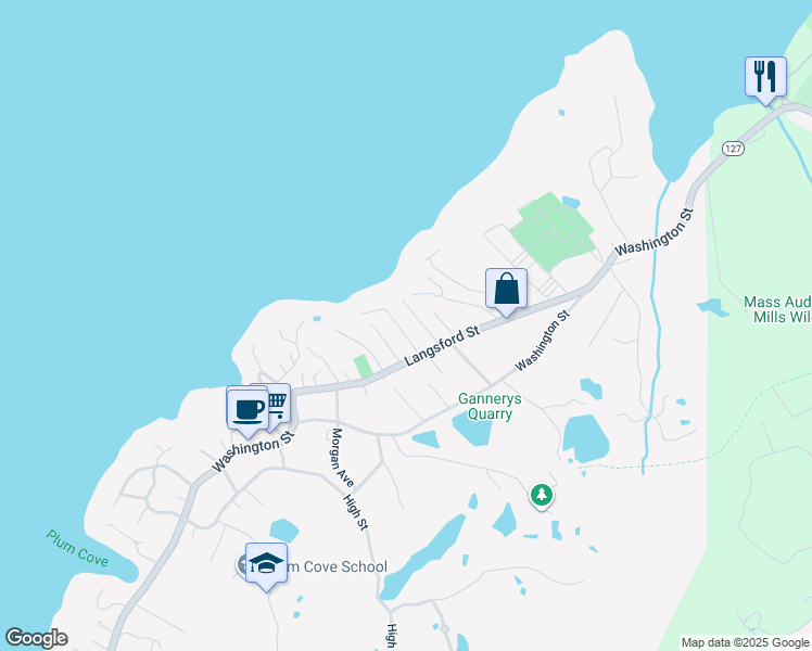 map of restaurants, bars, coffee shops, grocery stores, and more near 11 Norseman Avenue in Gloucester