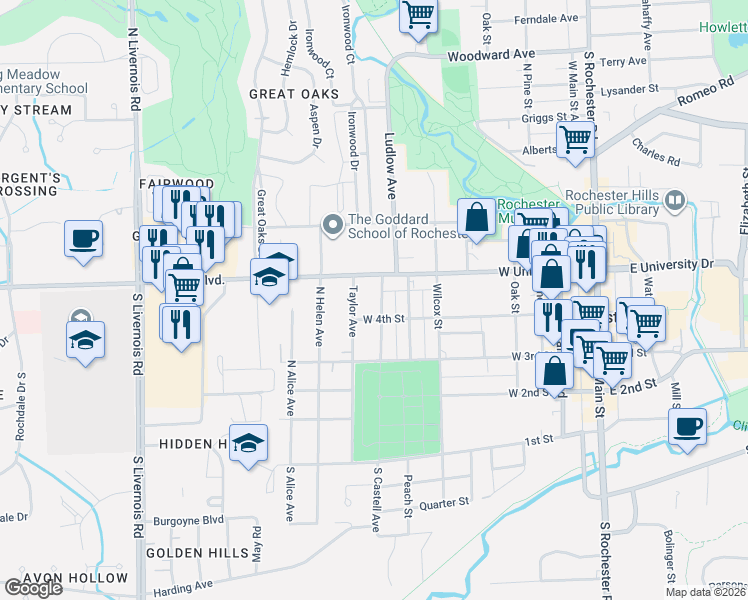 map of restaurants, bars, coffee shops, grocery stores, and more near 415 North Castell Avenue in Rochester