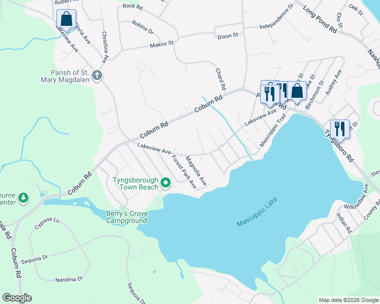 map of restaurants, bars, coffee shops, grocery stores, and more near 176 Lakeview Avenue in Tyngsborough