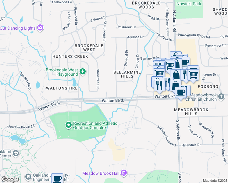 map of restaurants, bars, coffee shops, grocery stores, and more near 37 Bellarmine Dr in Rochester Hills