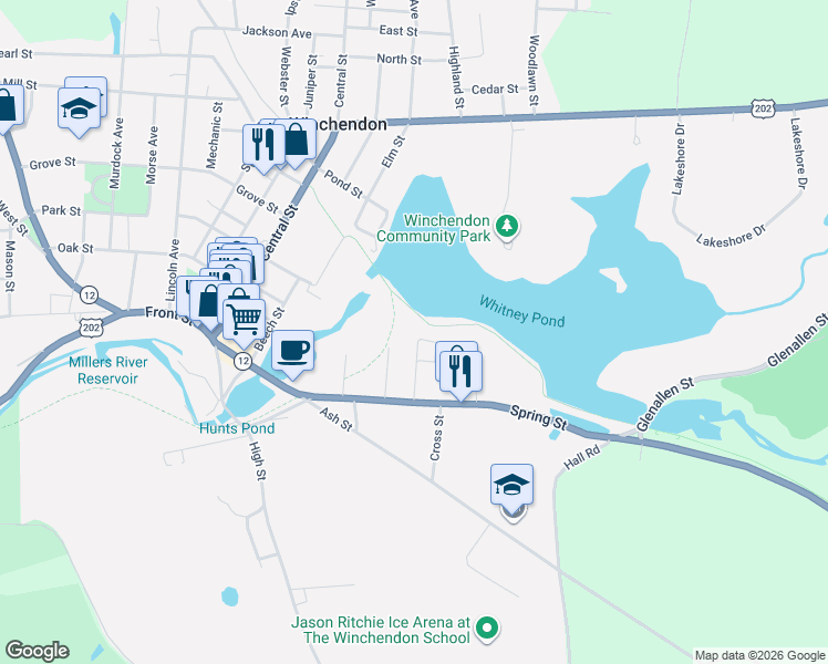 map of restaurants, bars, coffee shops, grocery stores, and more near 47 Emerald Street in Winchendon