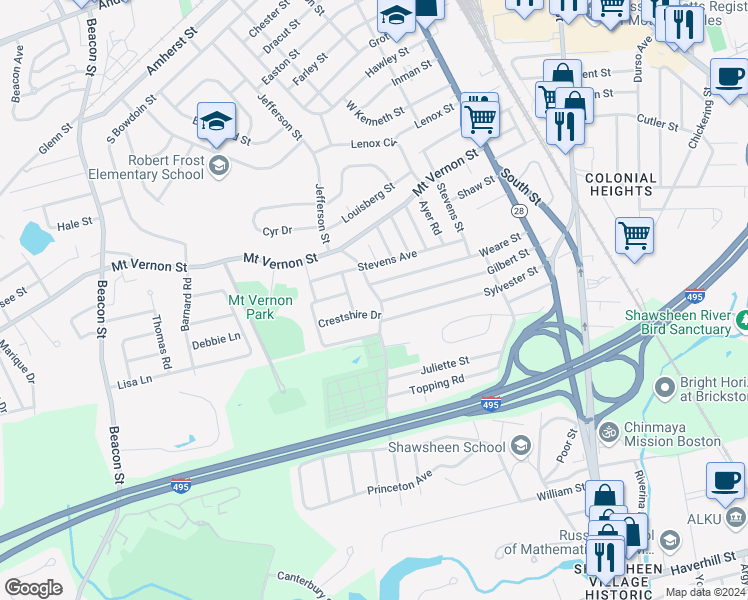 map of restaurants, bars, coffee shops, grocery stores, and more near 31 Corbett Road in Lawrence