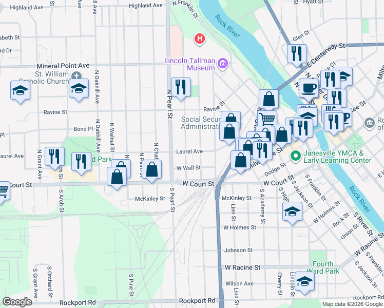 map of restaurants, bars, coffee shops, grocery stores, and more near 1115 Laurel Avenue in Janesville
