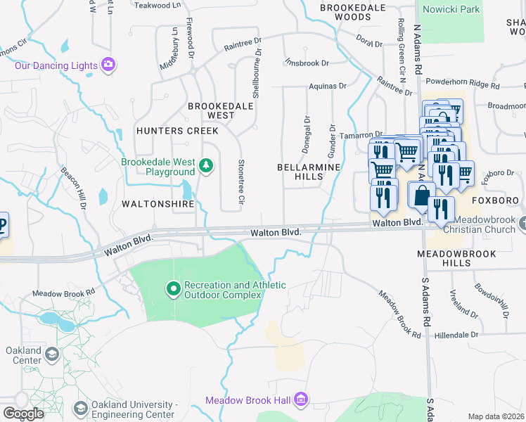 map of restaurants, bars, coffee shops, grocery stores, and more near 37 Bellarmine Drive in Rochester Hills