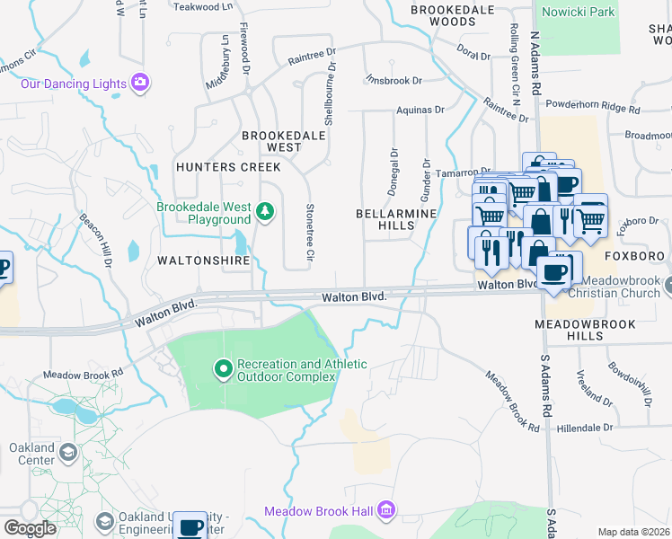 map of restaurants, bars, coffee shops, grocery stores, and more near 37 Bellarmine Drive in Rochester Hills