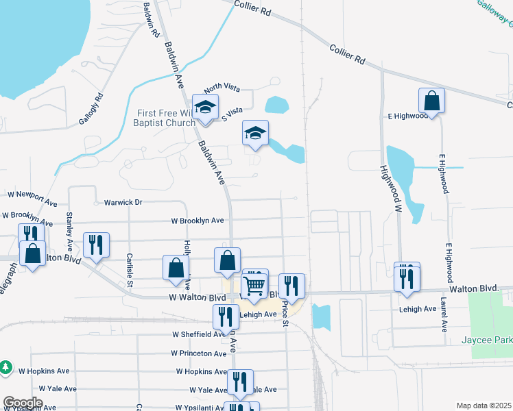 map of restaurants, bars, coffee shops, grocery stores, and more near 32 East Newport Avenue in Pontiac