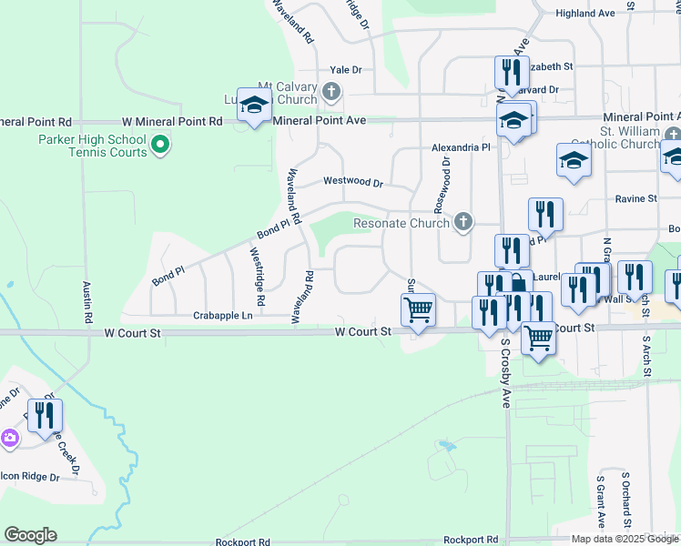 map of restaurants, bars, coffee shops, grocery stores, and more near 120 Arbor Hill Drive in Janesville
