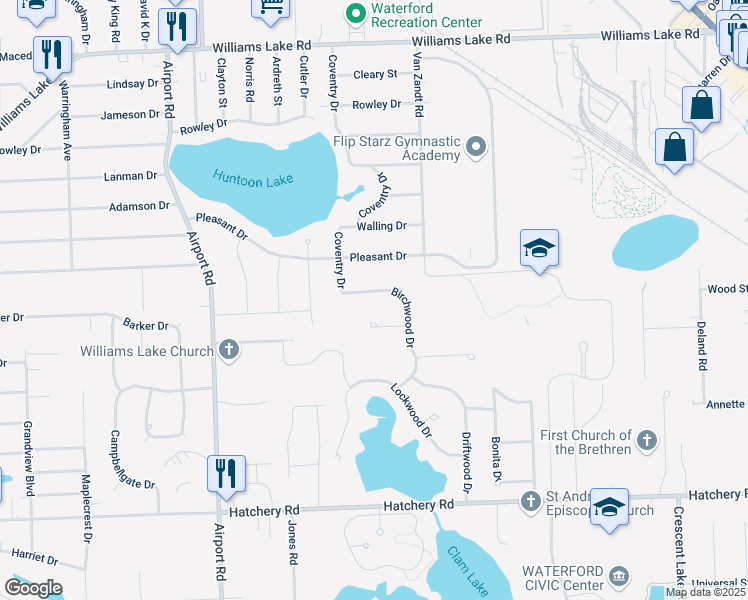 map of restaurants, bars, coffee shops, grocery stores, and more near 2909 Birchwood Dr in Waterford Township