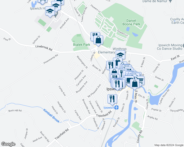 map of restaurants, bars, coffee shops, grocery stores, and more near 42 Washington Street in Ipswich