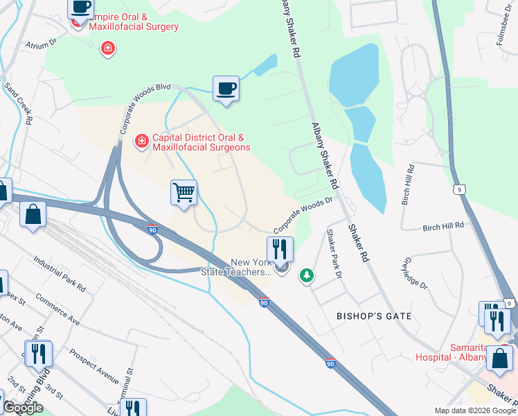 map of restaurants, bars, coffee shops, grocery stores, and more near 18 Corporate Woods Boulevard in Albany
