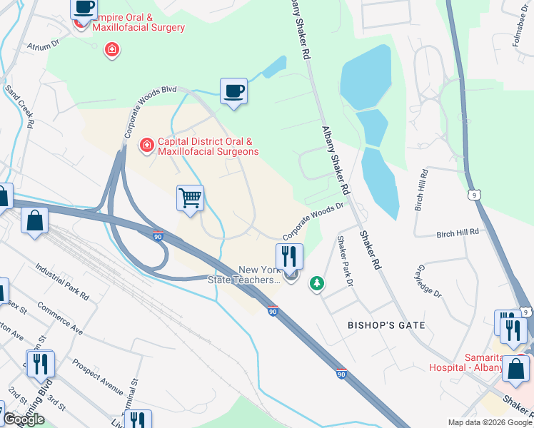 map of restaurants, bars, coffee shops, grocery stores, and more near 18 Corporate Woods Boulevard in Albany