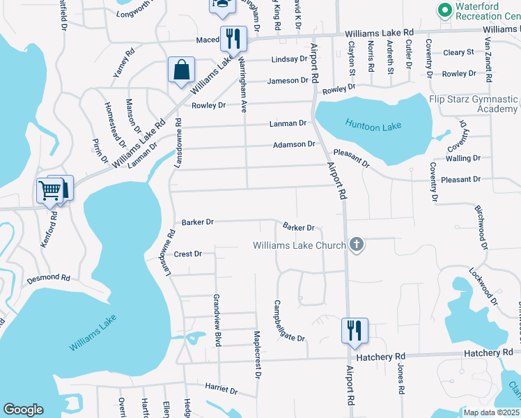 map of restaurants, bars, coffee shops, grocery stores, and more near 6270 Barker Drive in Waterford Township