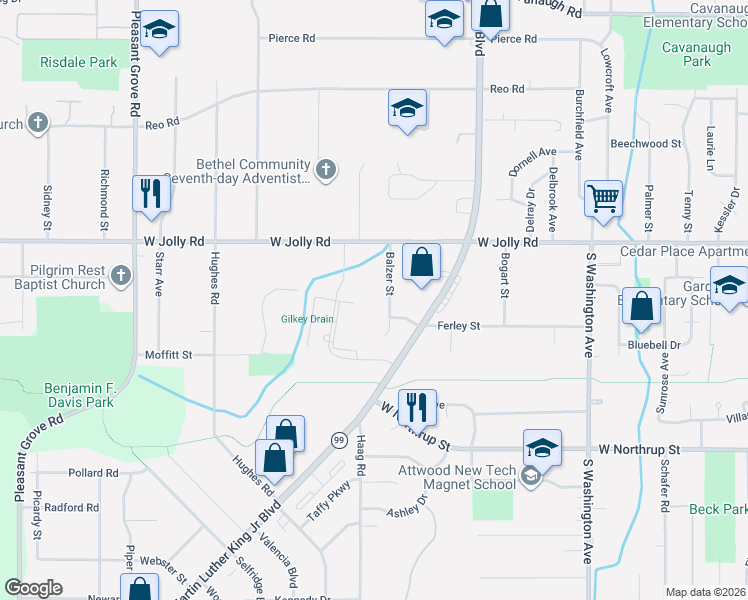map of restaurants, bars, coffee shops, grocery stores, and more near 5216 Balzer Street in Lansing