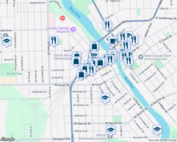 map of restaurants, bars, coffee shops, grocery stores, and more near 404 West Milwaukee Street in Janesville