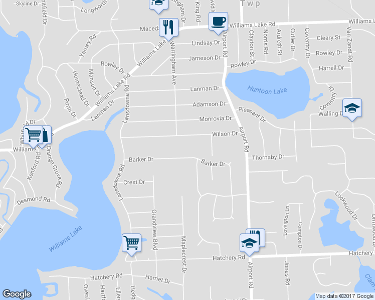 map of restaurants, bars, coffee shops, grocery stores, and more near 6270 Barker Drive in Waterford Township