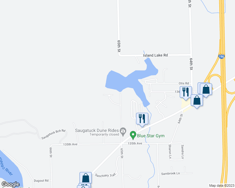 map of restaurants, bars, coffee shops, grocery stores, and more near 3596 65th Street in Saugatuck
