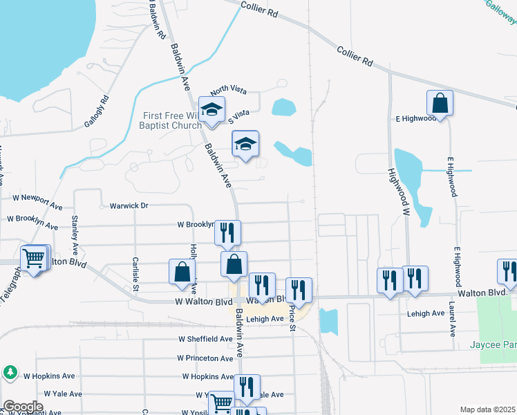 map of restaurants, bars, coffee shops, grocery stores, and more near 32 East Newport Avenue in Pontiac