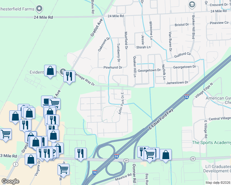 map of restaurants, bars, coffee shops, grocery stores, and more near 51818 Lionel Lane in Chesterfield
