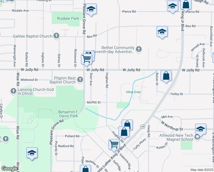 map of restaurants, bars, coffee shops, grocery stores, and more near 5219 Hughes Road in Lansing