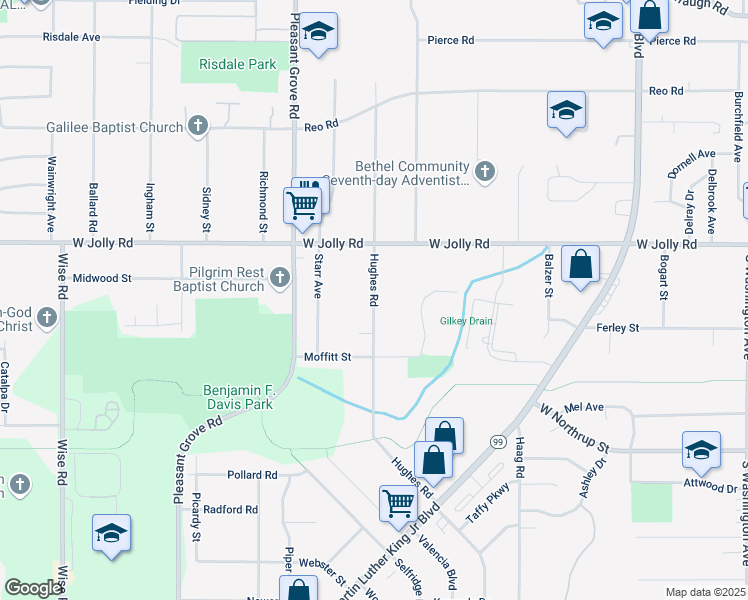 map of restaurants, bars, coffee shops, grocery stores, and more near 5219 Hughes Road in Lansing