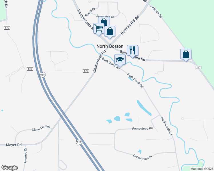 map of restaurants, bars, coffee shops, grocery stores, and more near 7476 Back Creek Road in Hamburg