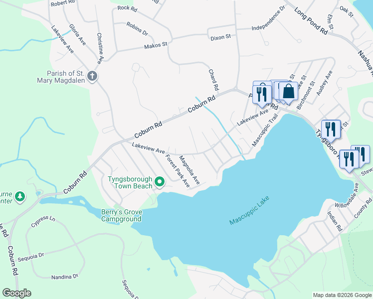map of restaurants, bars, coffee shops, grocery stores, and more near 176 Lakeview Avenue in Tyngsborough