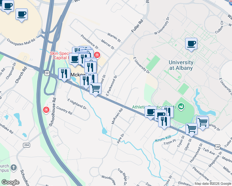 map of restaurants, bars, coffee shops, grocery stores, and more near 3 Glenwood Street in Albany