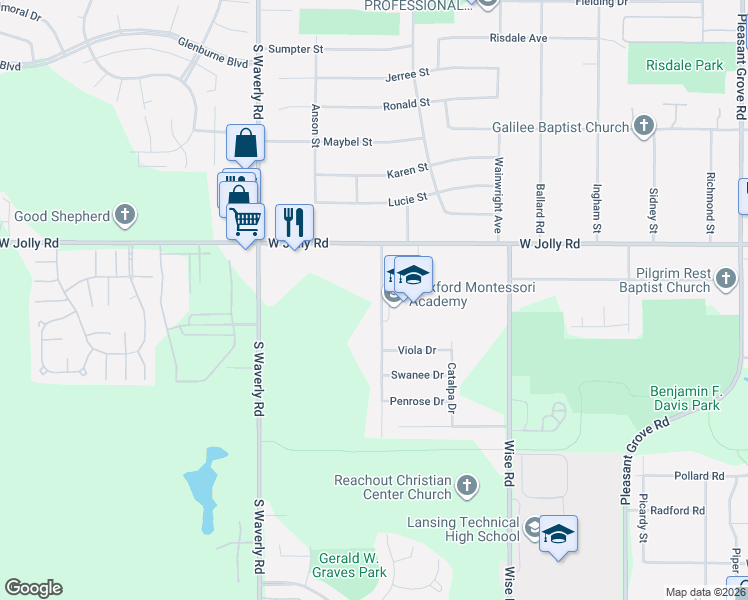 map of restaurants, bars, coffee shops, grocery stores, and more near 5218 Wexford Road in Lansing